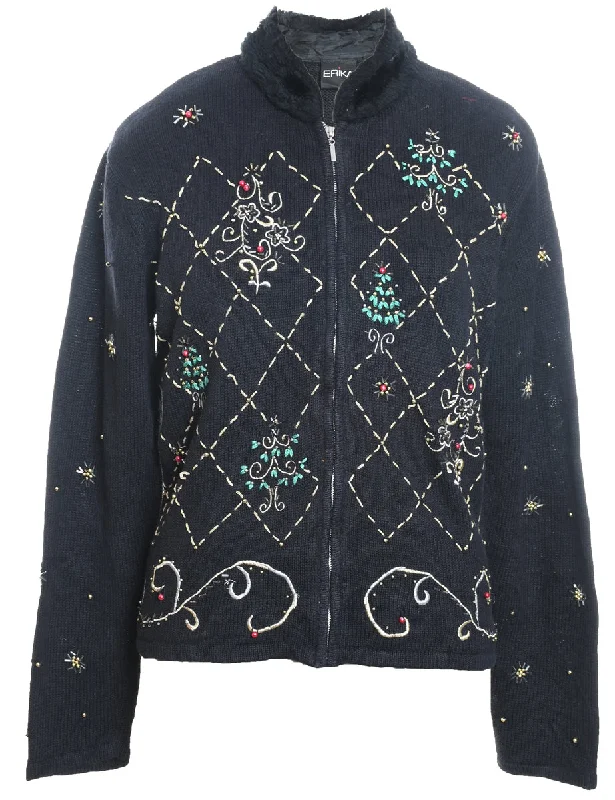 Special Buy Black Zip-Front Embroidered Christmas Cardigan  - M