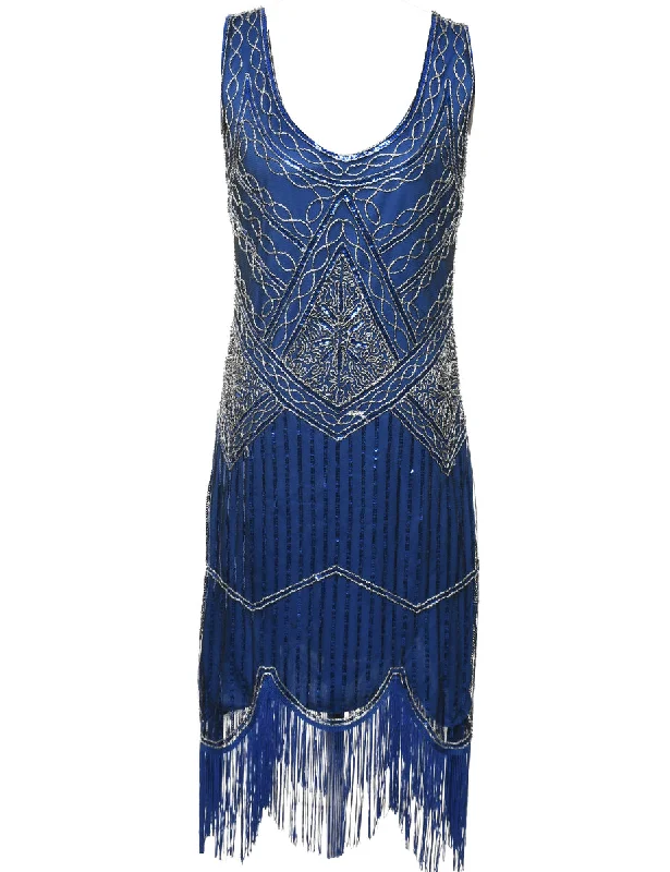 Beaded Navy & Silver Sparkly Evening Dress - L