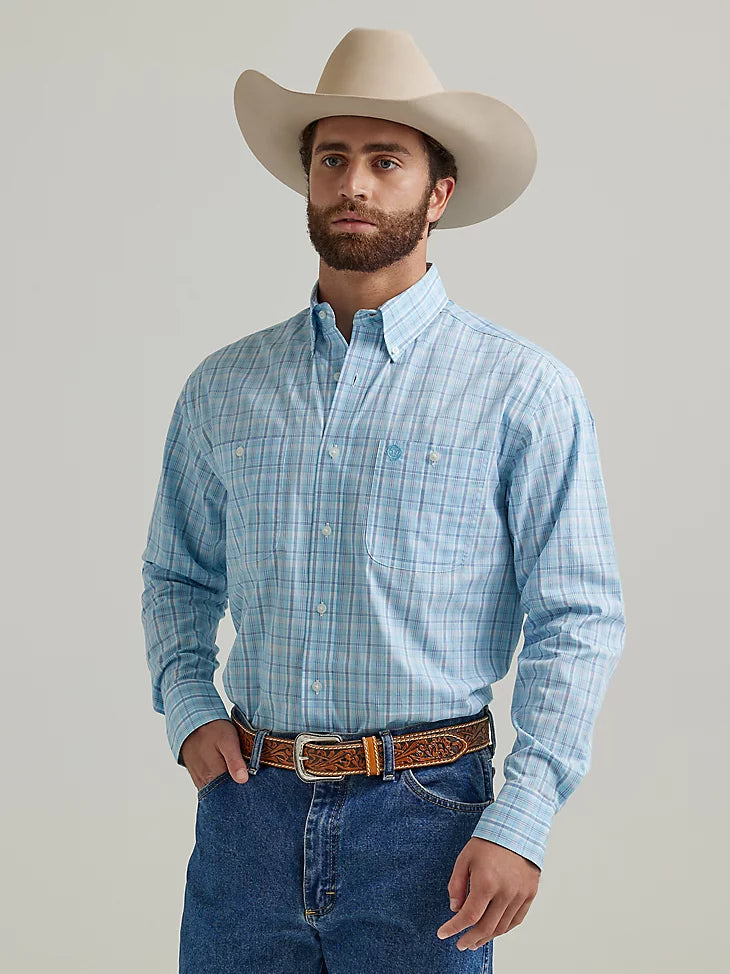 Weekend Bargains Await You WRANGLER GEORGE STRAIT LONG SLEEVE TWO POCKET BUTTON DOWN PRINT SHIRT IN BABY BLUE