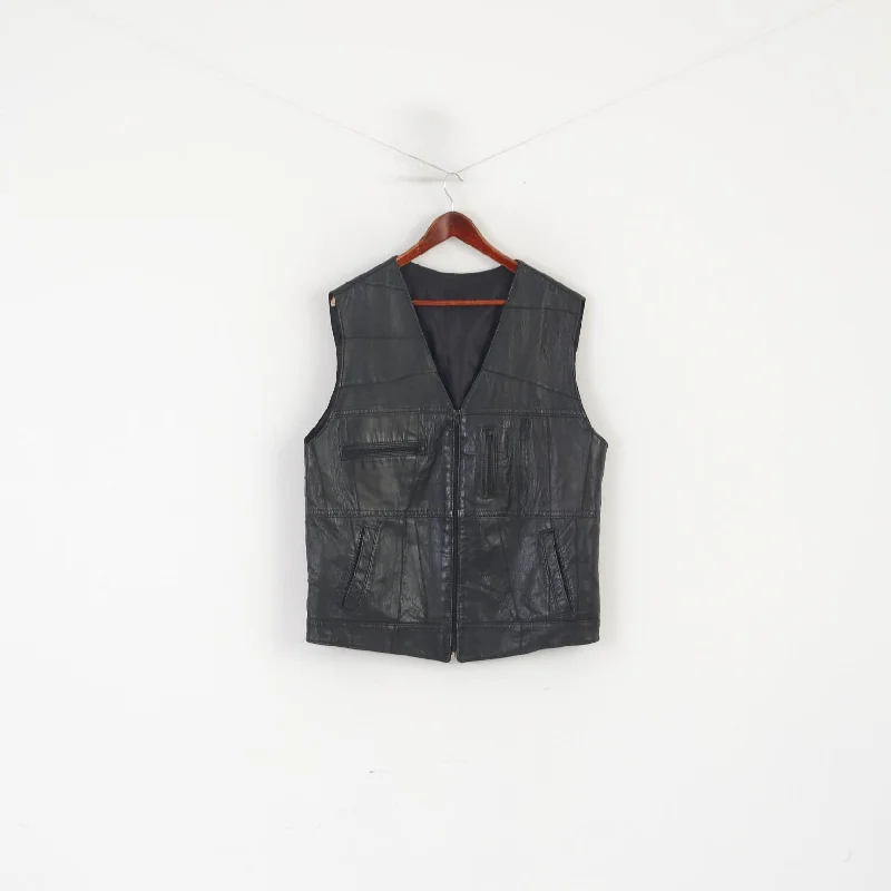 Anniversary Sale Vintage Men L Waistcoat Black Leather Soft Shiny Zip Up Multi Pockets Vest