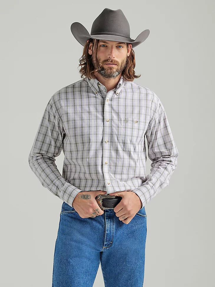 Weekend Deals to Make You Happy WRANGLER GEORGE STRAIT OLIVE GREEN LONG SLEEVE PLAID SHIRT