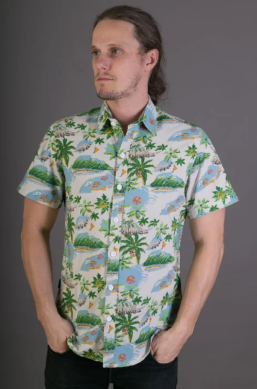 Act Fast Beach Tropical Island Hawaiian Palm Tree Print Cotton Slim Fit Mens Shirt Short Sleeve