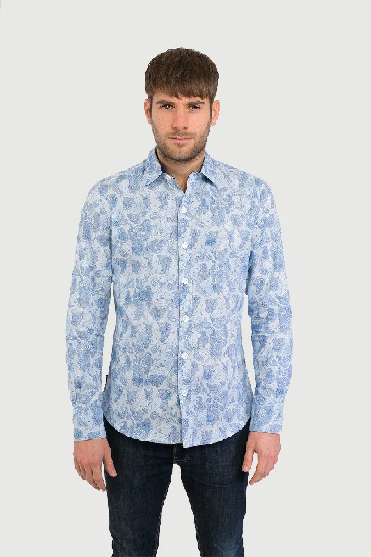 Weekend Offers You Can't Ignore Blue Print Cotton Slim Fit Mens Shirt Long Sleeve