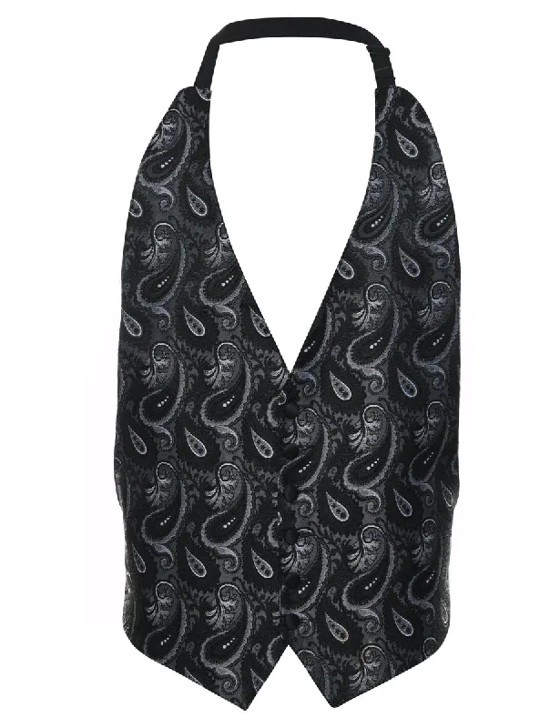 Black & Silver Paisley Print Brocade Waistcoat - M