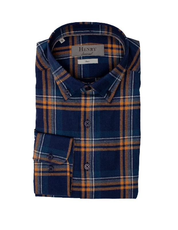 HENRY SARTORIAL Casual Check Shirt NAVY/BROWN