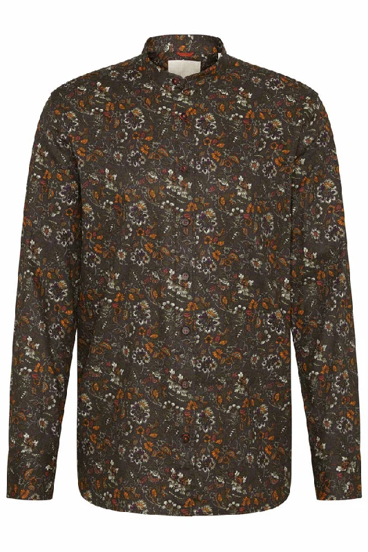 Bugatti Floral Mandarin Collar Shirt Brown