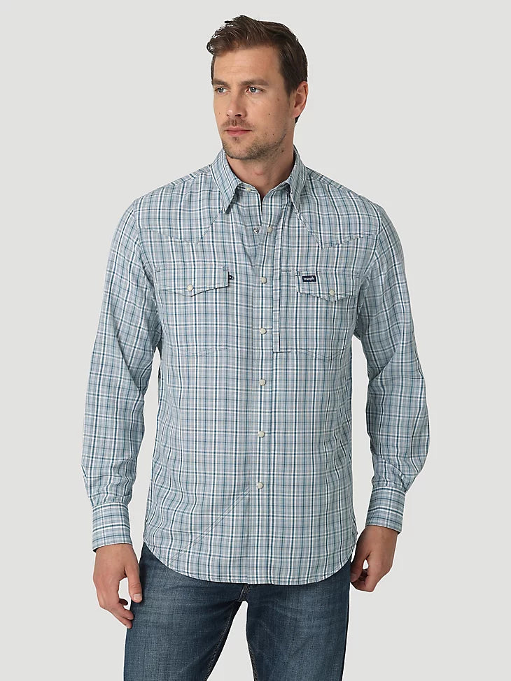 Weekend Deals That Dazzle WRANGLER PERFORMANCE SNAP LONG SLEEVE PLAID SHIRT IN TEAL PLAID