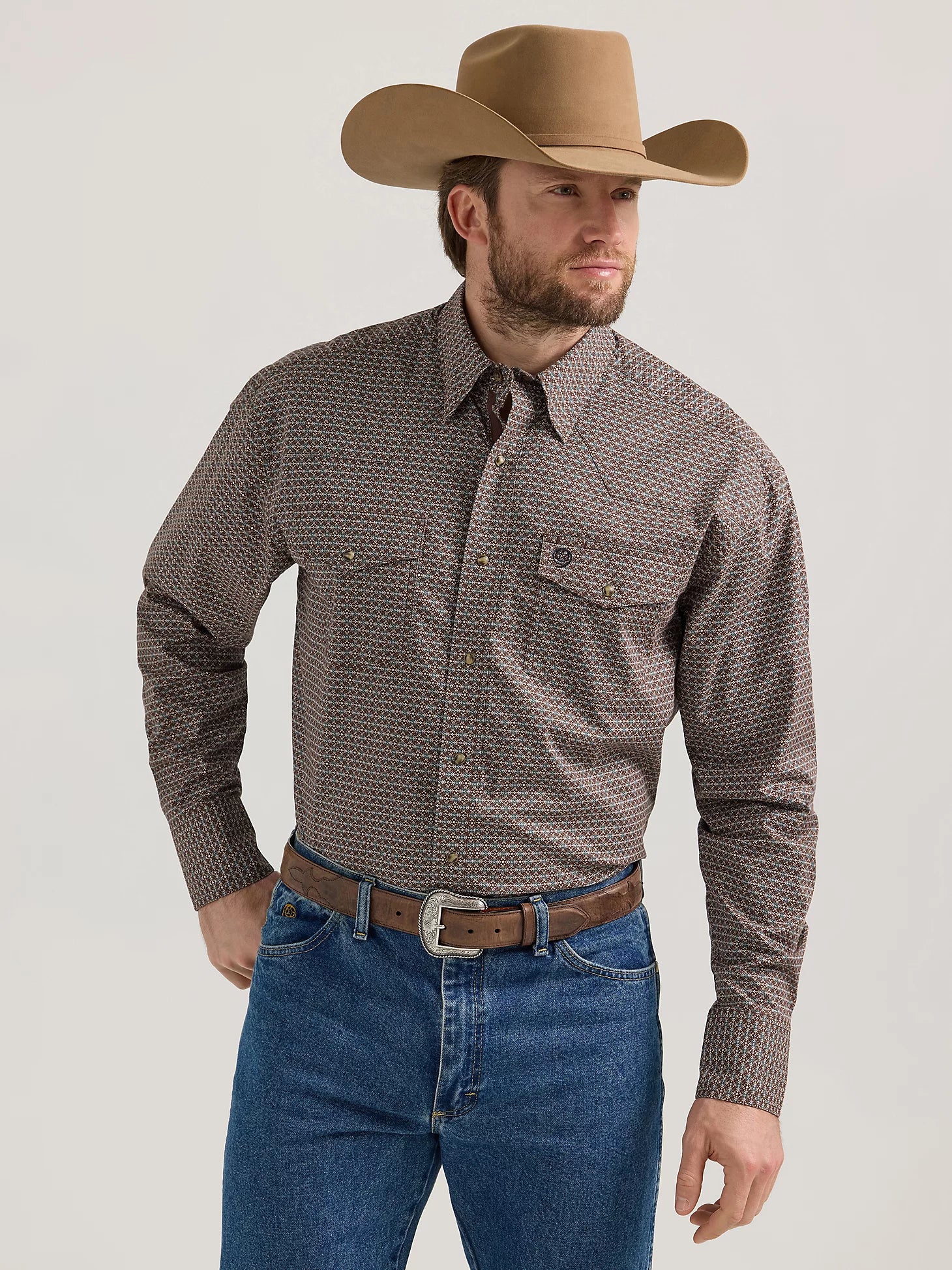 Weekend Savings Delight Wrangler George Strait Troubadour Geo Walnut Long Sleeve Western Snap Shirt