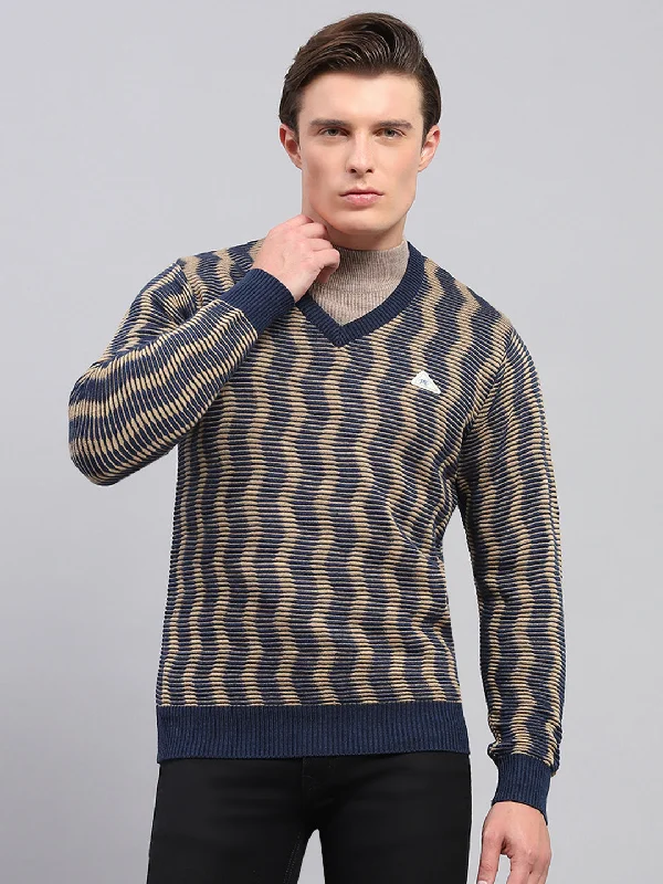 Special Price Men Navy Blue & Beige Self Design V Neck Full Sleeve Pullover