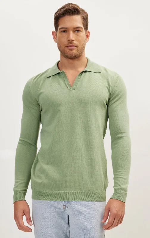 Johnny-Collar Sweater Polo - Teal Green