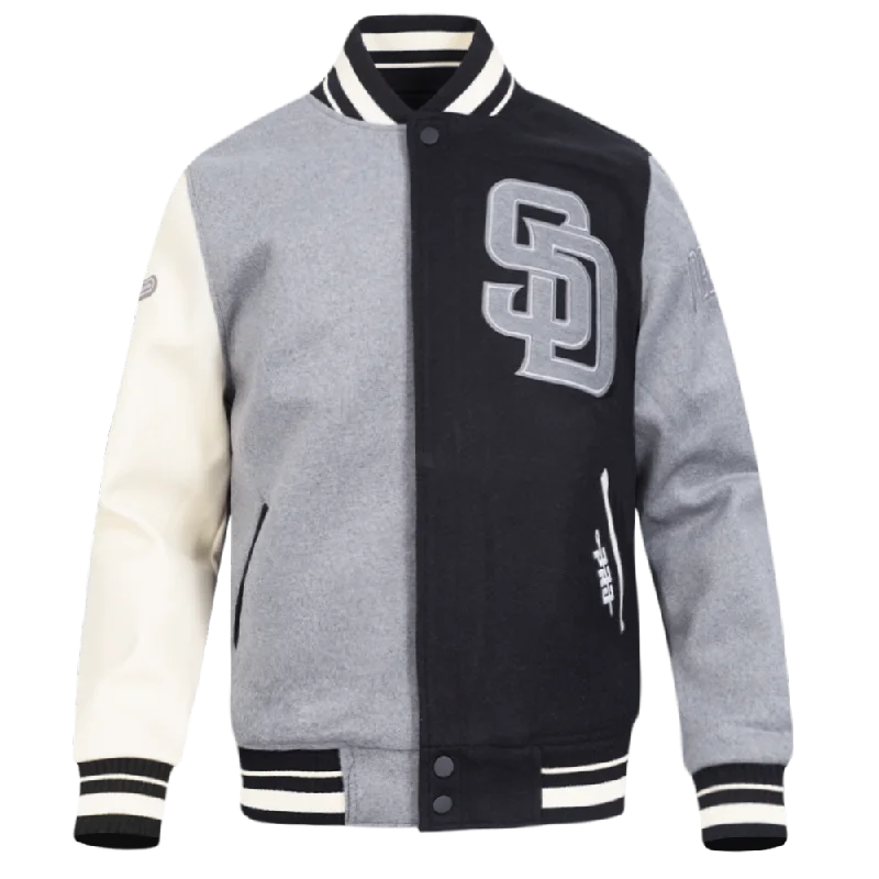 Time-Limited Offer MLB SAN DIEGO PADRES REVERSE FRENCH TERRY MEN'S CB WOOL VARSITY JACK (BLACK/GRAY/EGGSHELL)