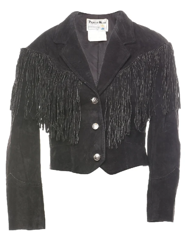 Online Only Black Suede Cropped Fringed Jacket - M