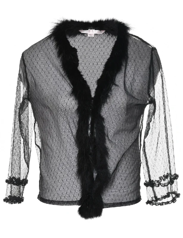Deal Frenzy Black Sheer Lace Faux Fur Trim 1990s Jacket - S