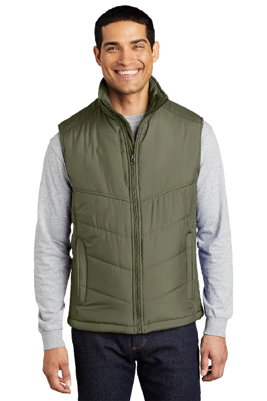 Exclusive Deal Port Authority Mens Wind & Water Resistant Full Zip Puffy Vest - Olive Green