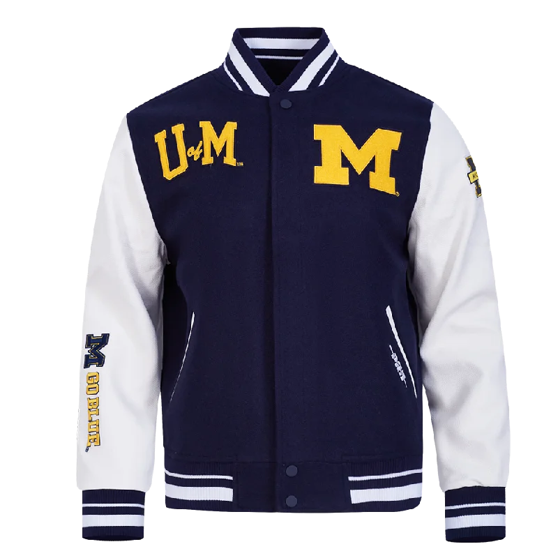Super Savings UNIVERSITY OF MICHIGAN CLASSIC MEN'S RIB WOOL VARSITY JACKET (MIDNIGHT NAVY/WHITE)