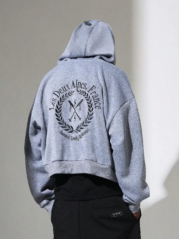 Price Slash Crop Fit Zip-Up Hoodie With Embroidery Pattern