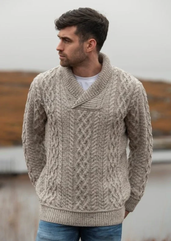 Massive Deals Aran Bunratty Shawl Collar Sweater | Oatmeal