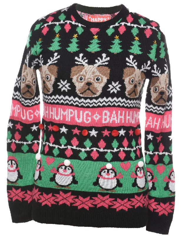 Bah Hum Pug Design Christmas Jumper - S