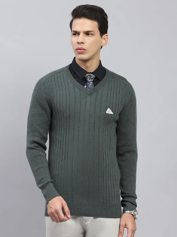 Special Savings Men Olive Solid V Neck Full Sleeve Pullover