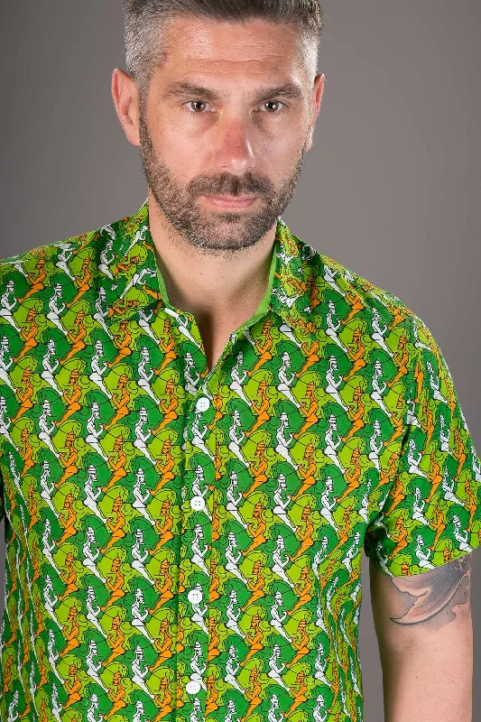 Limited Time Green Horse Warrior Print Cotton Slim Fit Mens Shirt Short Sleeve