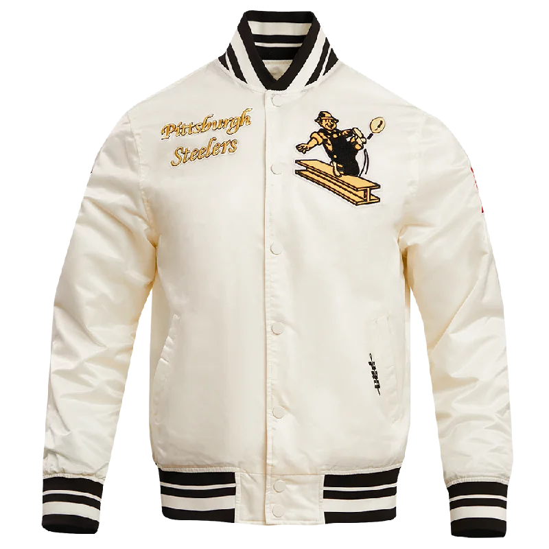 Shop the Weekend Away NFL PITTSBURGH STEELERS RETRO CLASSIC MEN'S RIB SATIN JACKET (EGGSHELL/ BLACK)