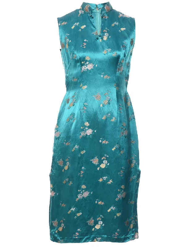 Year-End Sale Brocade Turquoise Silky Evening Dress - M