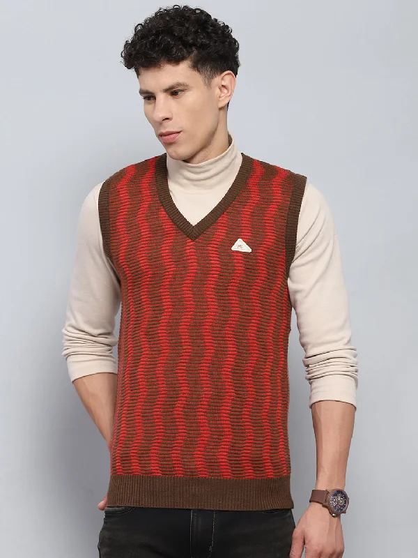 Limited Time Men Brown Self Design V Neck Sleeveless Sweater