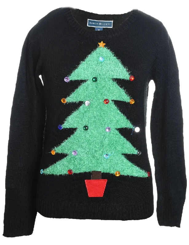 Black Christmas Tree Design Knit Jumper - M