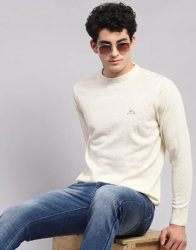 Weekend Deals That Thrill Men Cream Solid Round Neck Full Sleeve Pullover