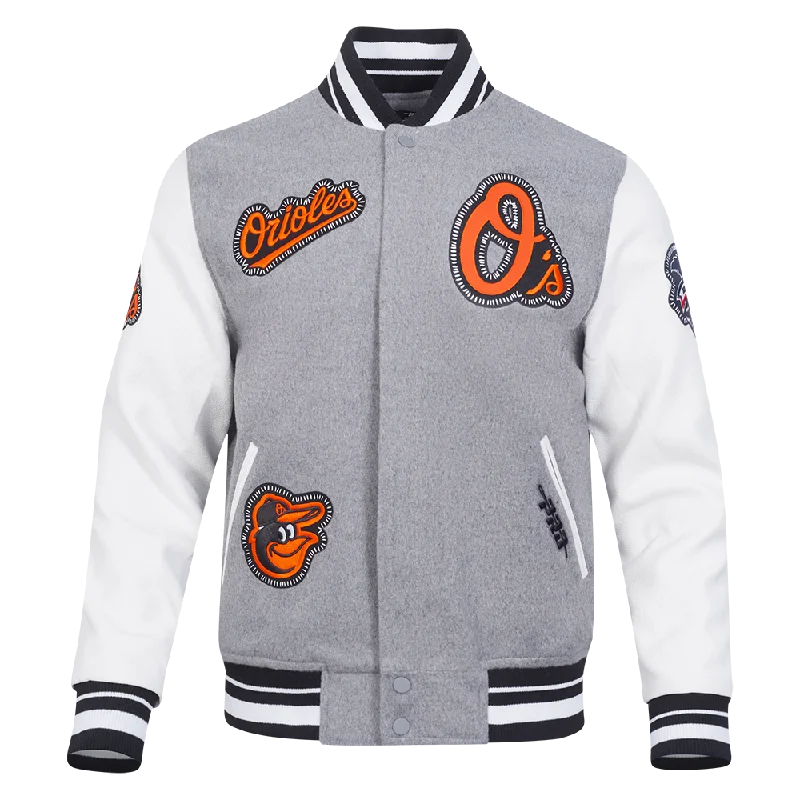 Price Slash MLB BALTIMORE ORIOLES DIY PICK STITCH MEN'S RIB WOOL VARSITY JACKET (HEATHER GREY/WHITE/BLACK)