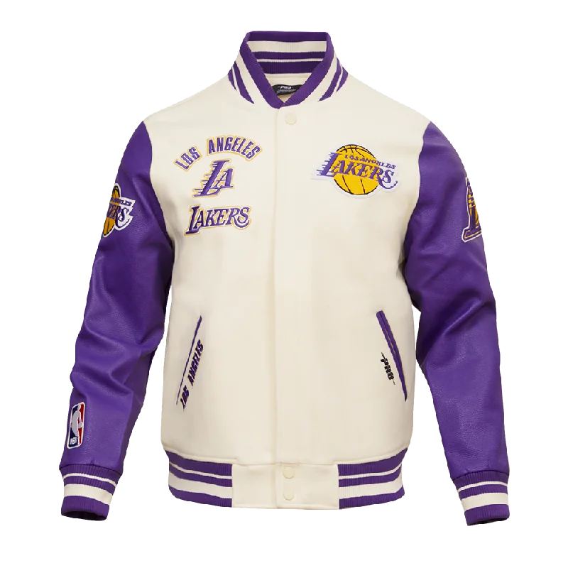Year-End Deals NBA LOS ANGELES LAKERS RETRO CLASSIC MEN'S RIB WOOL VARSITY JACKET (EGGSHELL/PURPLE)