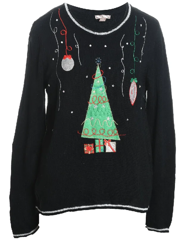 Black Christmas Tree Design Knit Vest - L