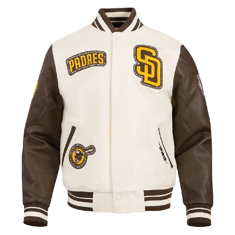 Overstock Clearance MLB SAN DIEGO PADRES DIY PICK STITCH MEN'S RIB WOOL VARSITY JACKET (EGGSHELL/ BROWN)