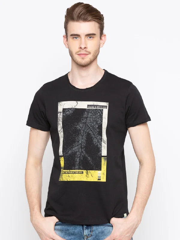 Shop and Save Spykar Men Black Cotton Slim Fit Round Neck T-Shirt