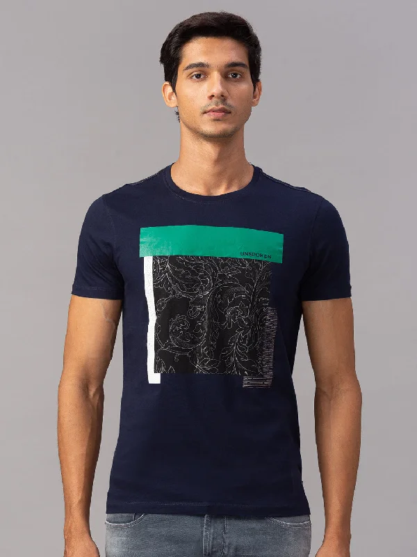 Savings Bonanza Spykar Men Blue Cotton Slim Fit Round Neck T-Shirt