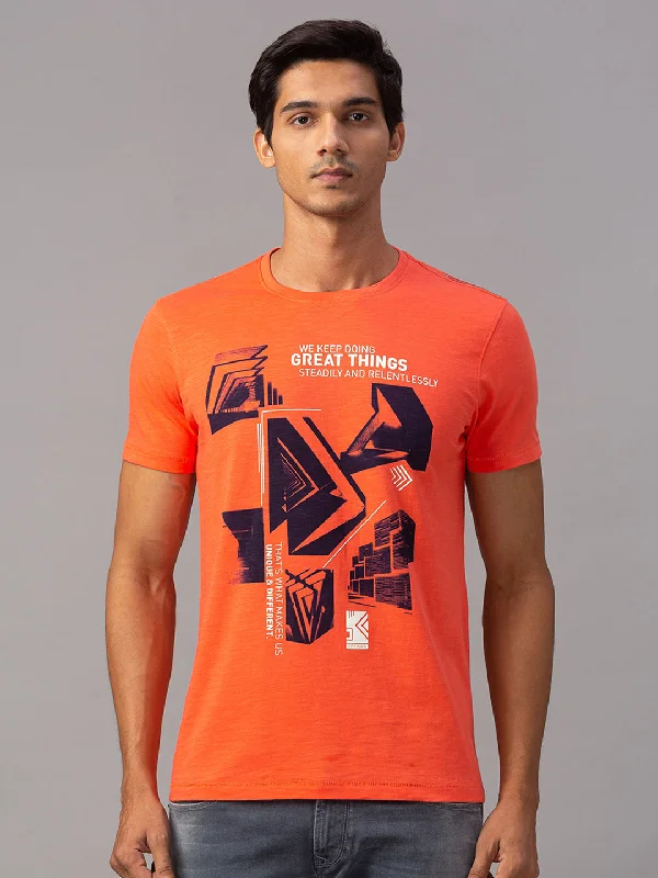 Super Sale Spykar Men Orange Cotton Slim Fit Round Neck T-Shirt