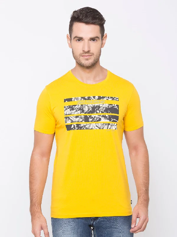 Last Chance Spykar Men Yellow Cotton Slim Fit Round Neck T-Shirt