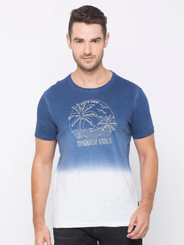 Year-End Clearance Spykar Men Blue Cotton Slim Fit Round Neck T-Shirt