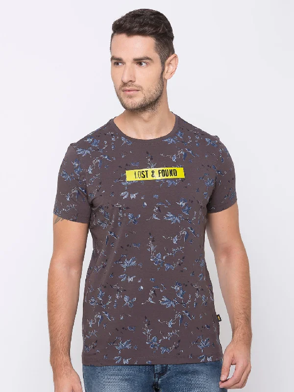 Time-Limited Offer Spykar Men Grey Cotton Slim Fit Round Neck T-Shirt
