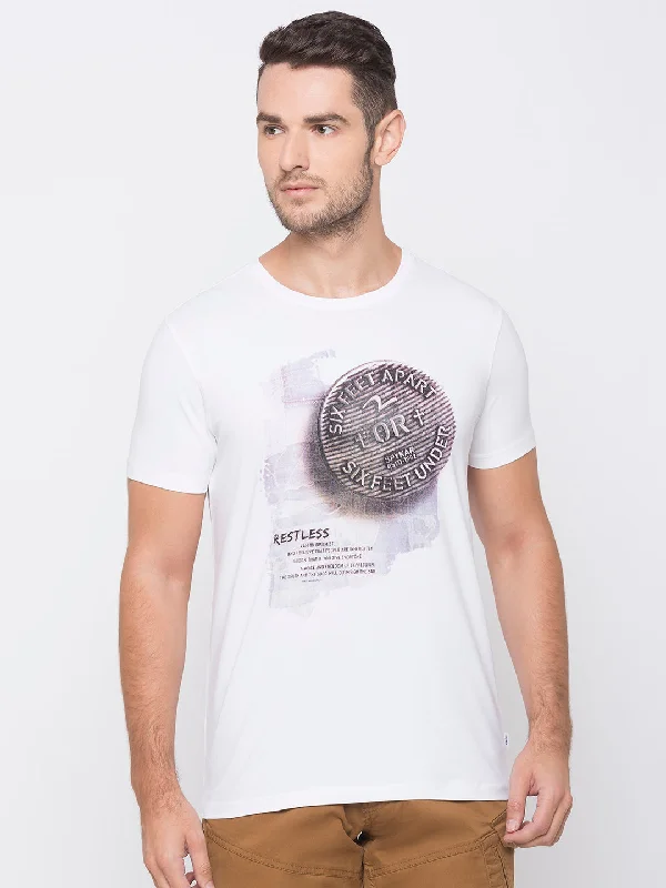 Sale Event Spykar Men White Cotton Slim Fit Round Neck T-Shirt