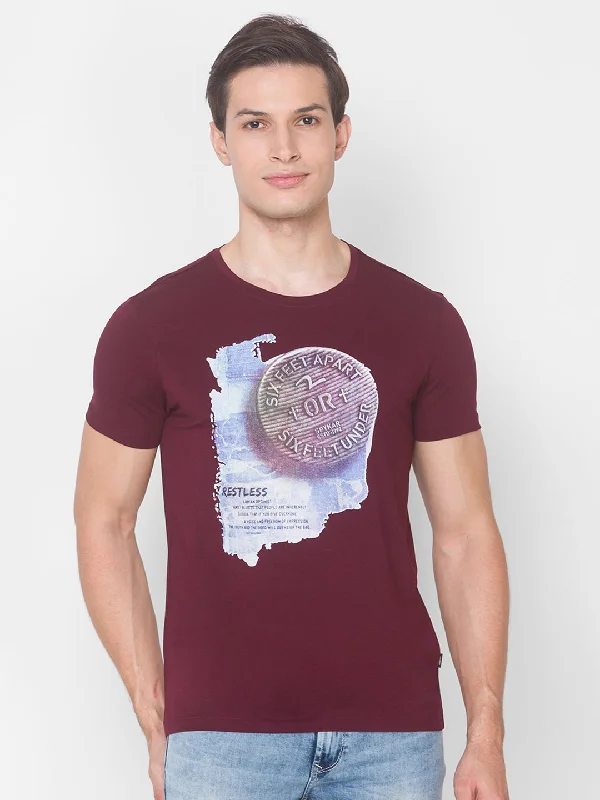 Price Rollback Spykar Men Red Cotton Slim Fit Round Neck T-Shirt