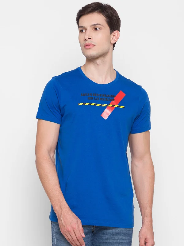 Online Only Spykar Men Blue Cotton Slim Fit Round Neck T-Shirt