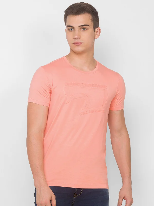Closeout Spykar Men Pink Cotton Slim Fit Round Neck T-Shirt