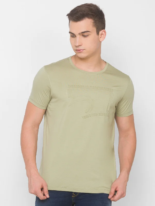Bonus Savings Spykar Men Green Cotton Slim Fit Round Neck T-Shirt