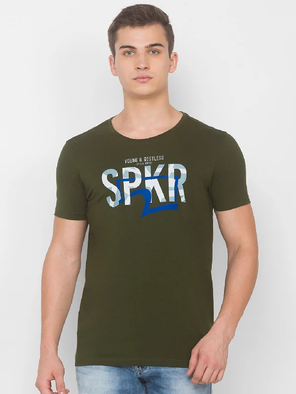 Weekend Deals That Sizzle Spykar Men Green Cotton Slim Fit Round Neck T-Shirt