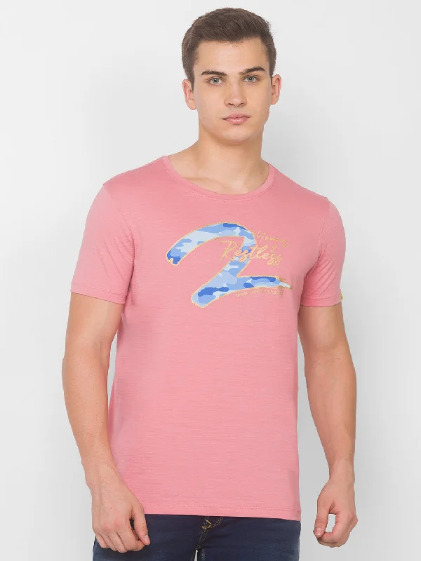 Weekend Offers That Dazzle Spykar Men Pink Cotton Slim Fit Round Neck T-Shirt