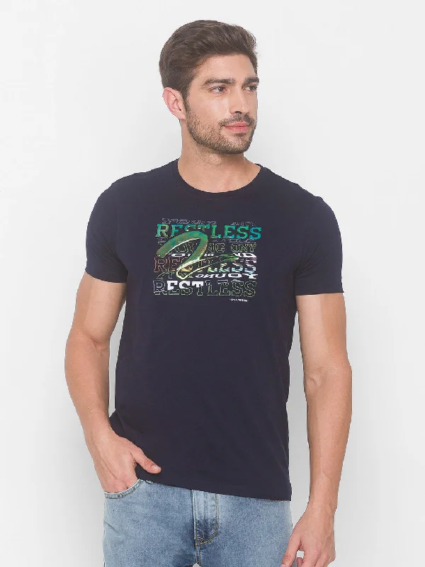 Weekend Bargains to Relish Spykar Men Blue Cotton Slim Fit Round Neck T-Shirt