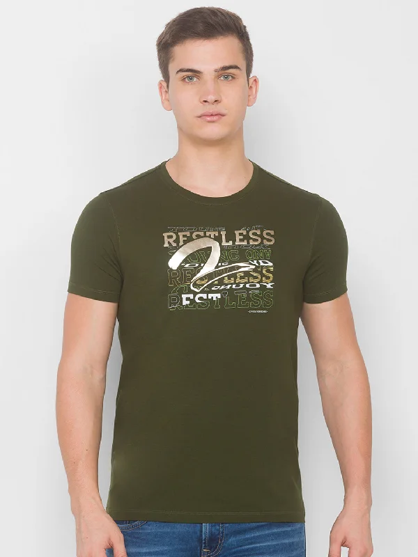 Weekend Specials to Grab Spykar Men Green Cotton Slim Fit Round Neck T-Shirt
