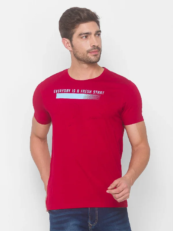 Weekend Bargains to Grab Spykar Men Red Cotton Slim Fit Round Neck T-Shirt