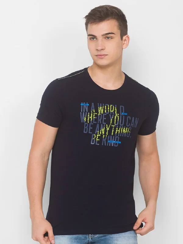 Weekend Discounts to Celebrate Spykar Men Blue Cotton Slim Fit Round Neck T-Shirt
